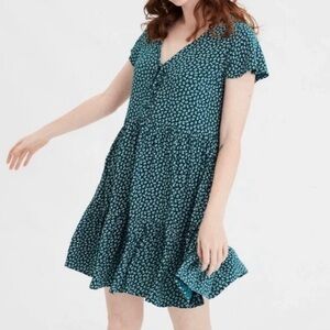 American Eagle Outfitters Green Mini Sundress V-Neck Flutter Sleeves